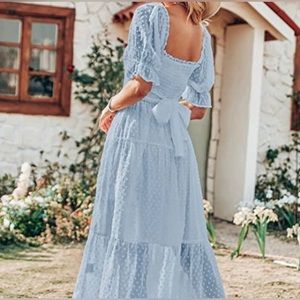 NWT MEROKEETY | Puff Sleeve Midi Dress - Size S - Light Blue